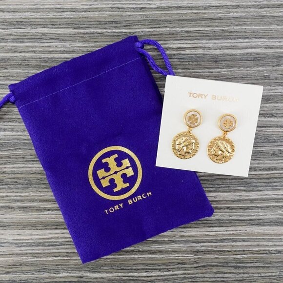 Tory Burch Mother of Pearl Logo Coin Medallion Drop Earrings New Ivory/Tory Gold - Picture 8 of 12